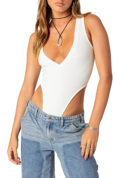 Edikted High Cut Ribbed V Neck Bodysuit In White