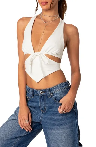 Edikted Cady Tie Front Halter Neck Stretch Cotton Top In White