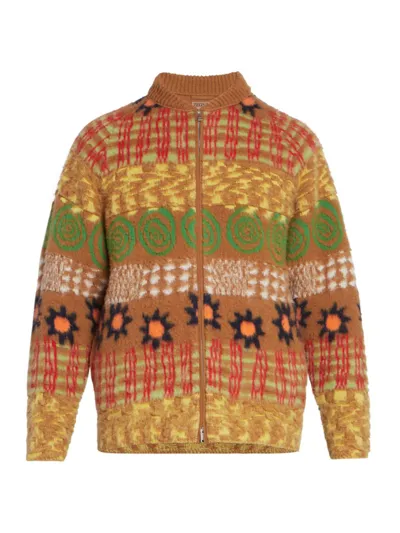 Zegna X The Elder Statesman Intarsia Oasi Cashmere And Wool-blend Zip-up Cardigan In Vicuna Yellow Green