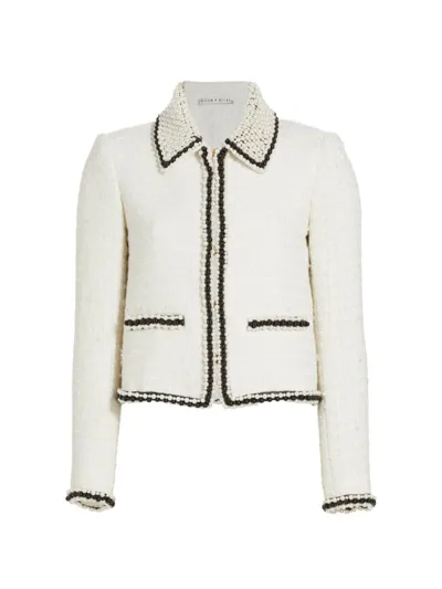 Alice And Olivia Kidman Cropped Bead-embellished Tweed Jacket In Off White