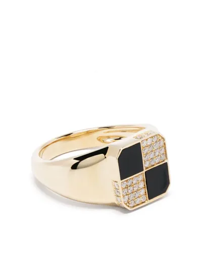 Yvonne Léon 9k Gold Bague Petit Damier Diamond And Onyx Signet Ring