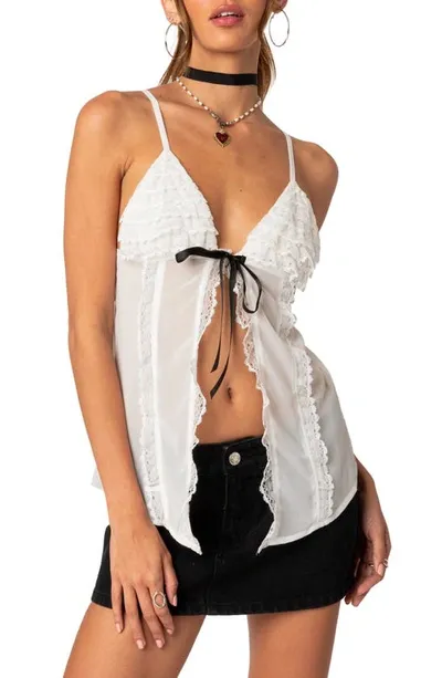 Edikted Women's Linette Lacey Sheer Split Front Top In White