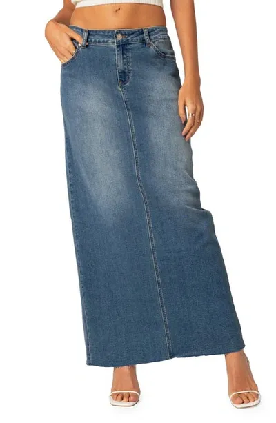 Edikted Elowyn Denim Maxi Skirt With Back Slit Detail In Blue