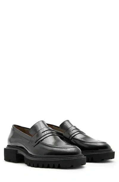 Allsaints Mens Black Sammy Weaved-trim Leather Loafers