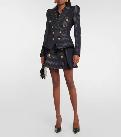 Balmain Lurex Pinstripe Denim Blazer In Blue