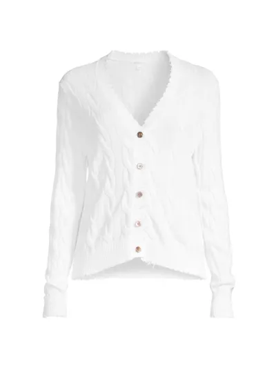 Minnie Rose Women's Frayed Cable-knit V-neck Cardigan In White