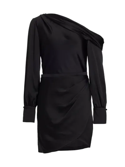 Simkhai Cameron One-shoulder Wrap-skirt Satin Mini Dress In Black