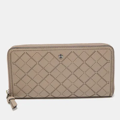 Pre-owned Tory Burch Beige Diamond Laser Cut Leather Zip Around Wallet