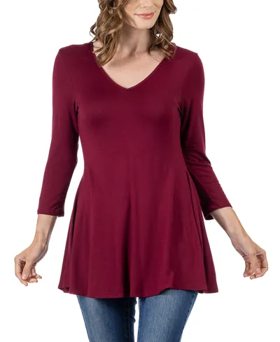 24seven Comfort Apparel Women's Three Quarter Sleeve V-neck Tunic Top In Wine