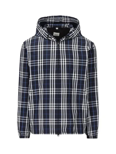 Burberry Checked Hooded Jacket In White,blue