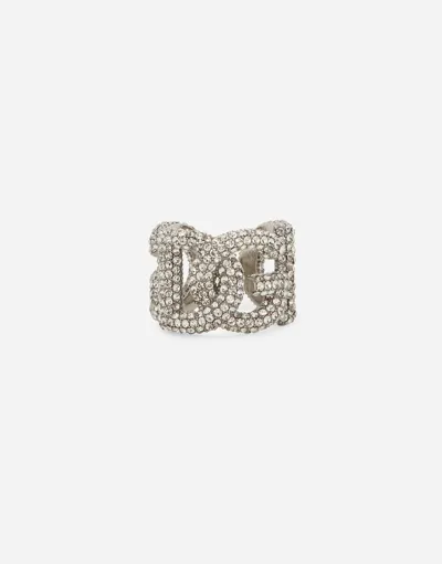 Dolce & Gabbana Open Ring With Rhinestones And Dg Logo In Silver