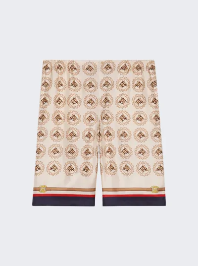 Gucci Equestrian Print Silk Twill Shorts In Ivory And Gold