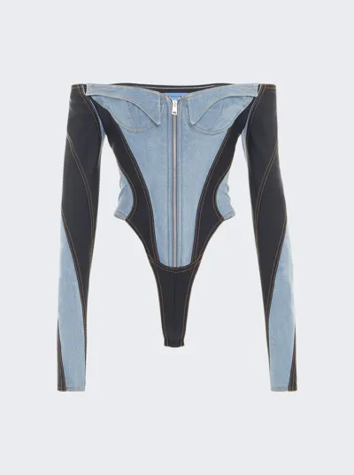 Mugler Corset Denim Bodysuit In Medium Blue And Black