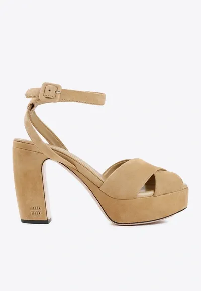 Miu Miu Suede Crisscross Platform Sandals In Brown