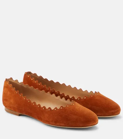 Chloé Lauren Scalloped Suede Ballerina Flats In Brown