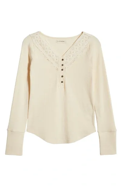 Lucky Brand Lace Detail Cotton Rib Henley Top In Cream