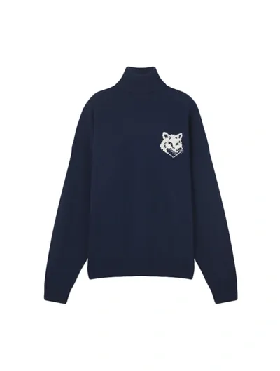 Maison Kitsuné Intarsia-knit Fox-head Wool Jumper In Ink Blue