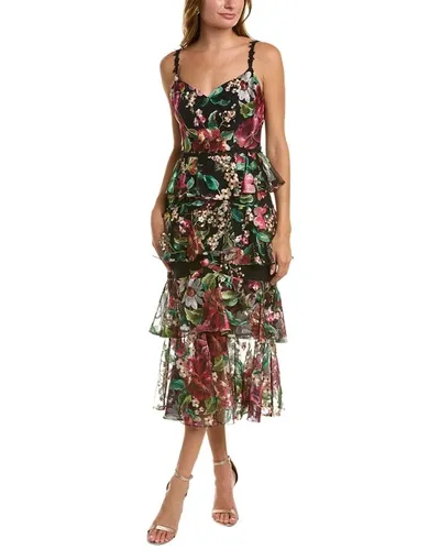 Marchesa Notte Tiered Floral-embroidered Dress In Black