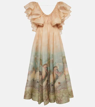 Zimmermann Lyrical Frilled Linen-silk Gown In Print