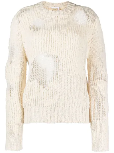 Chloé Generous Chunky-knit Distressed Jumper In White