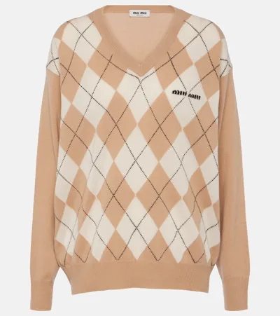 Miu Miu Argyle Cashmere Sweater In Brown