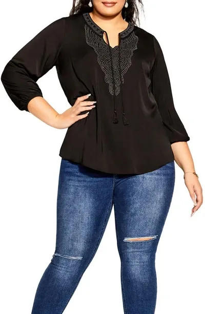 City Chic Embellished Split Neck Blouse In Black