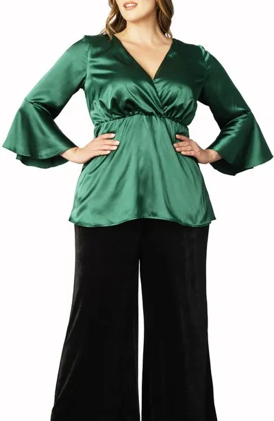 Kiyonna Floral Print Bell Sleeve Blouse In Emerald Green