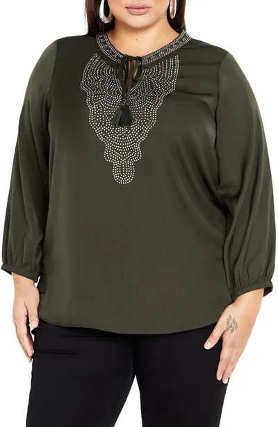 City Chic Embellished Split Neck Top In Khaki