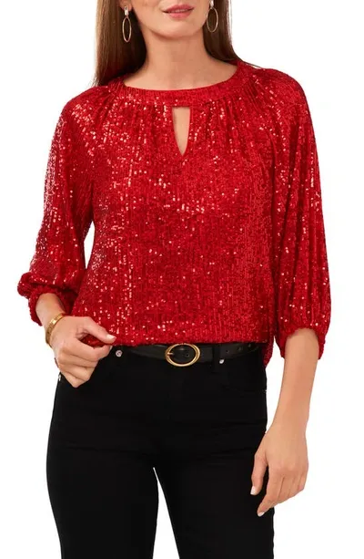 Vince Camuto Sequin Keyhole Neck Blouse In Red