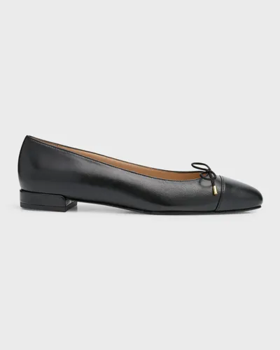 Stuart Weitzman Sleek Mixed Leather Bow Ballerina Flats In Black