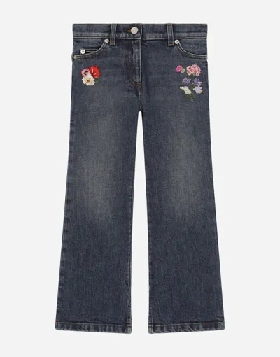 Dolce & Gabbana Kids' 5-pocket Denim Pants With Embroidery In Multicolor