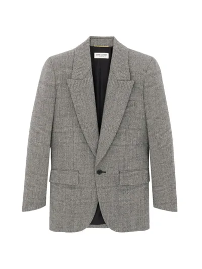 Saint Laurent Prince Of Wales Motif Single-breasted Jacket In Grey