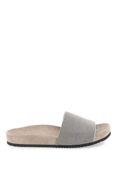 Brunello Cucinelli Monili Flat Pool Slide Sandals In Platino