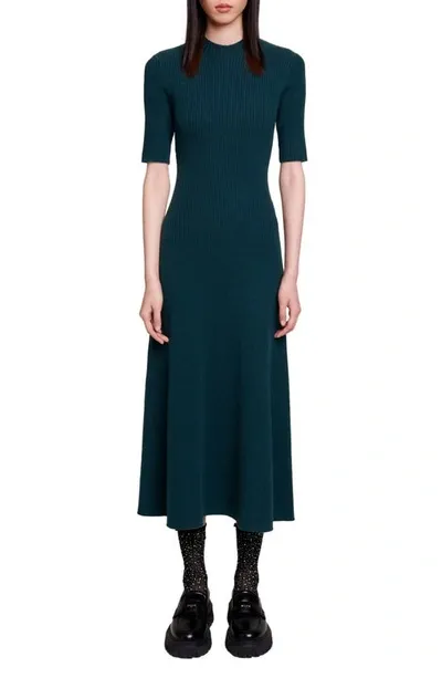 Maje Cutout Ribbed-knit Midi Dress In Bottle Green