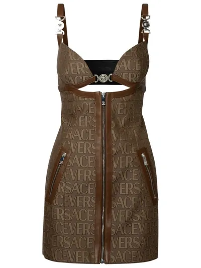 Versace Vestito Logo Allover In Brown