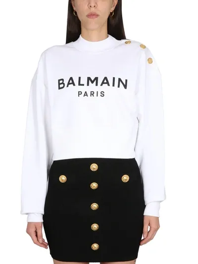 Balmain Logo Sweatshirt With Embossed Buttons In White