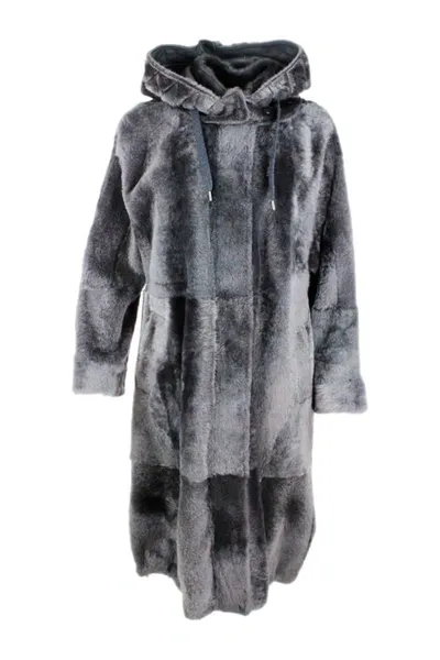 Brunello Cucinelli Long Shearling Coat With Detachable Hood And Monili Along The Zip Closure In Grey