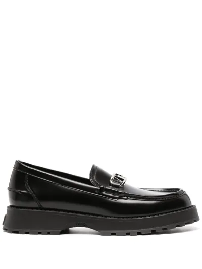 Fendi Logo-plaque Leather Loafers In Black