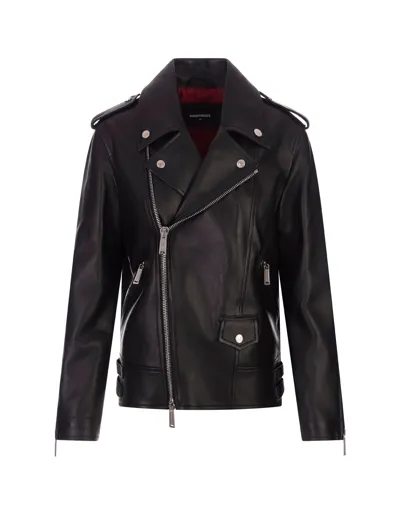 Dsquared2 Leather Oversized Biker Jacket In Nero