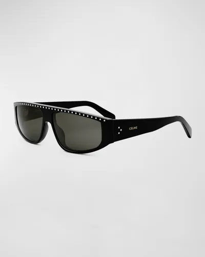 Celine Men's Animation Bold 62mm Geometric Sunglasses In Shiny Black/smoke