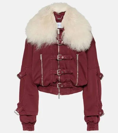 Blumarine Cropped Shearling-trimmed Denim Jacket In Red