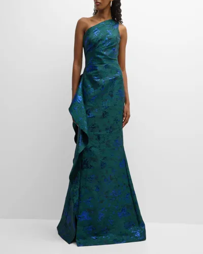 Rickie Freeman For Teri Jon Metallic Jacquard One-shoulder Side-ruffle Gown In Breenblue