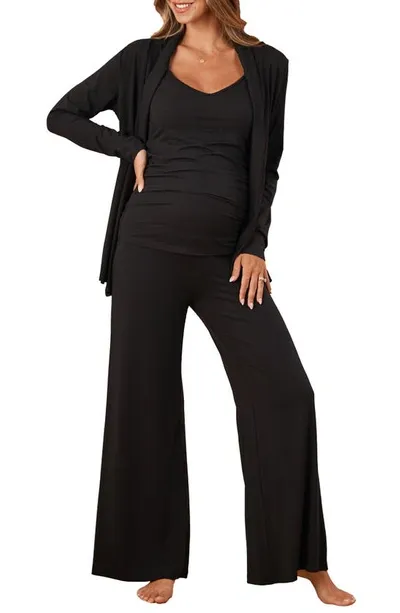 Angel Maternity Street To Home Maternity/nursing Cardigan, Camisole & Pants Set In Black