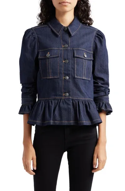 Cinq À Sept Delanie Scrunched-sleeve Peplum Denim Jacket In Indigo