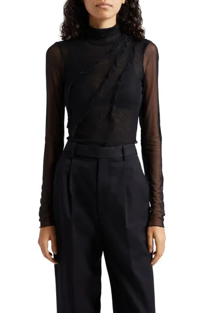 Cinq À Sept Nichola Ruffle Mesh Turtleneck Top In Black