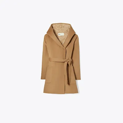 Tory Burch Hooded Wool Coat In Brown