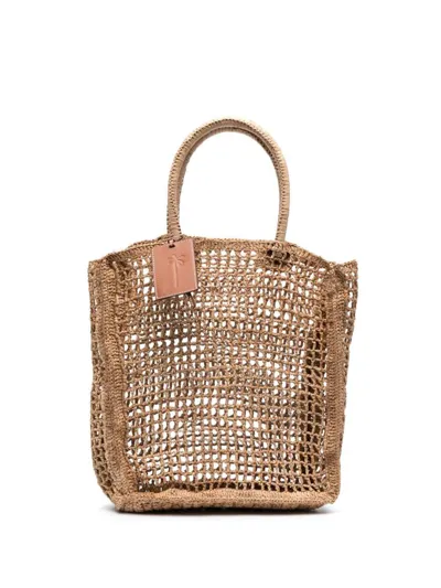 Manebi Net Raffia Tote Bag In Brown