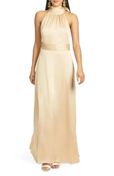 Sachin & Babi Kayla Tie Halterneck Satin Gown In Champagne