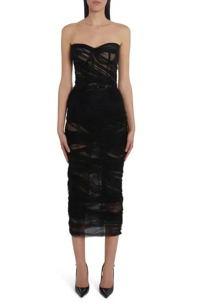 Jacquemus Draped Tulle Strapless Midi Corset Dress In Nero