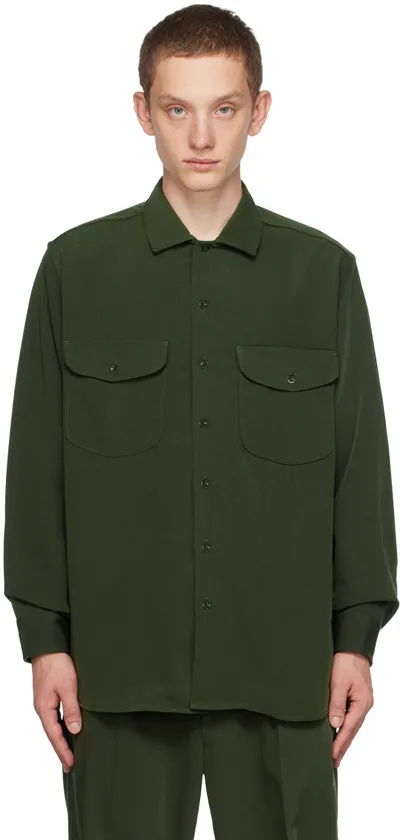 Beams Plus Mens Green Chest-pocket Long-sleeved Twill Shirt